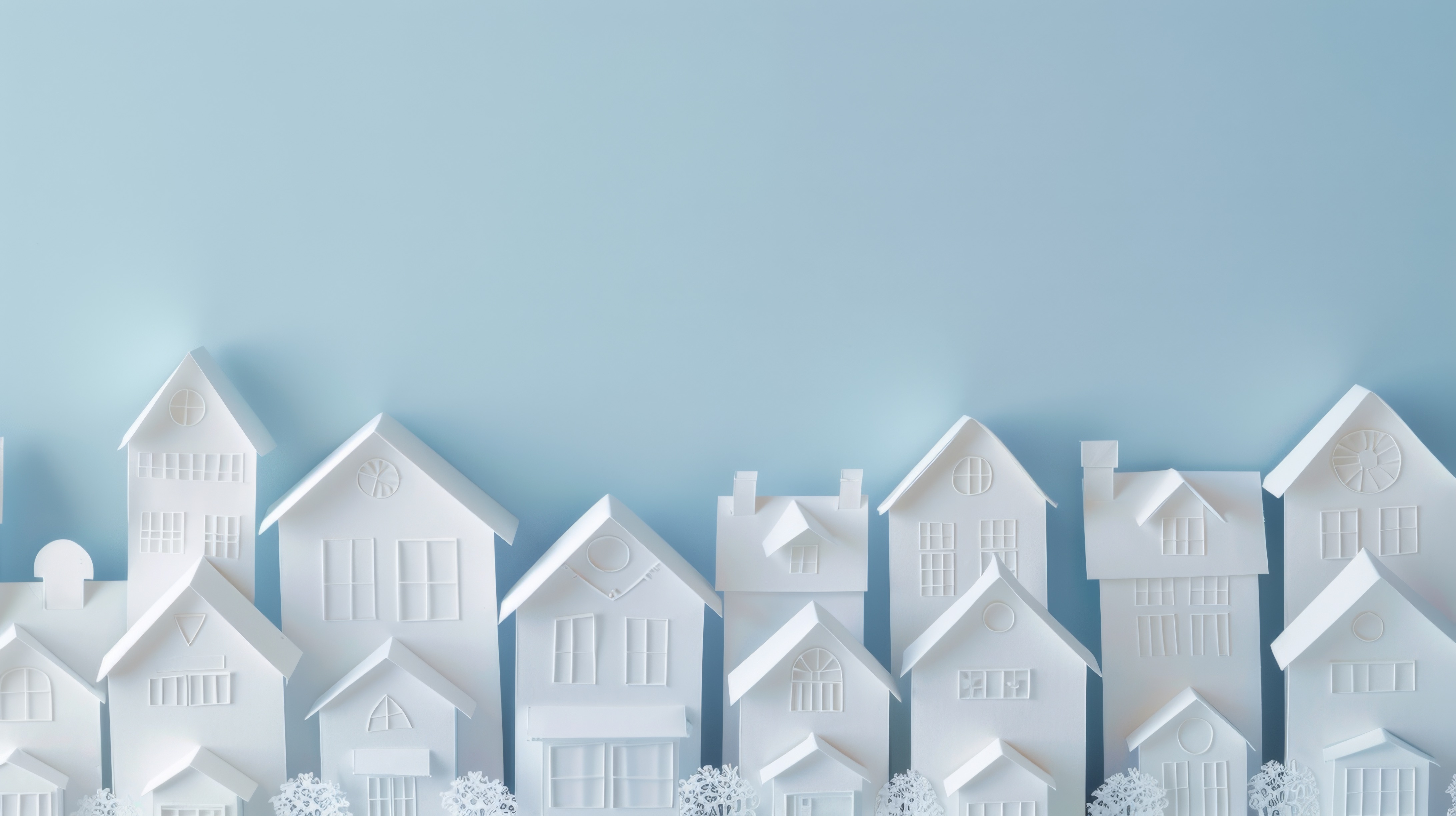 A row of white paper houses on a blue background, AI